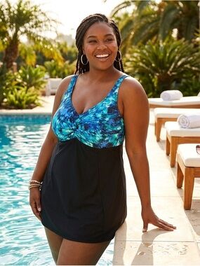 Swimsuits For All One Piece Swimsuit Dress Overlay Lined Black Turquoise Size 28